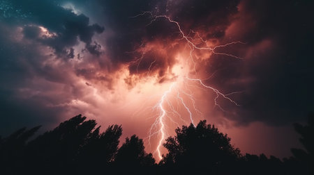 Lightning strikes the ground in a thunderstorm in the night.の素材