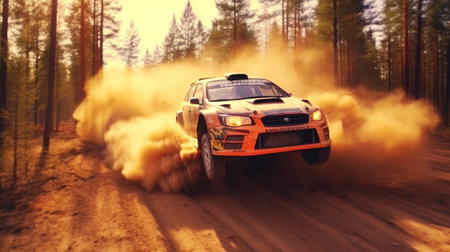 off road car in the forest with dust particlesの素材