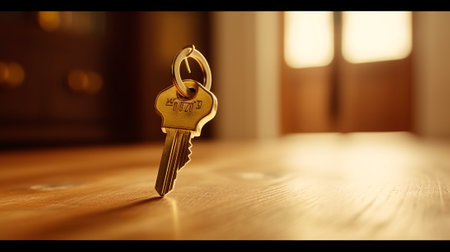 Keychain with keys on blurred background, closeup. Buying house conceptの素材