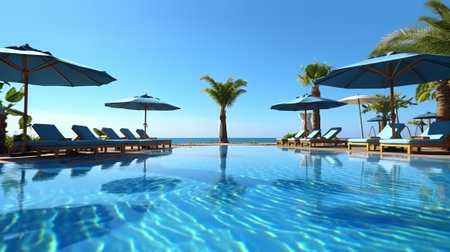 Swimming pool with sunbeds and umbrellas.の素材