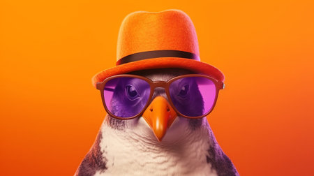 Penguin wearing orange sunglasses on colorful backgroundの素材