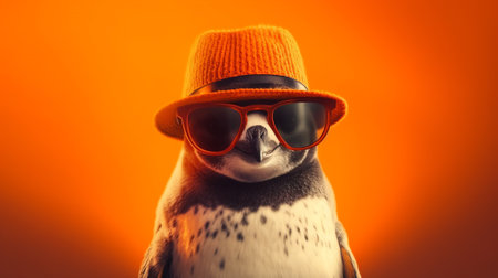 Penguin wearing orange sunglasses on colorful backgroundの素材