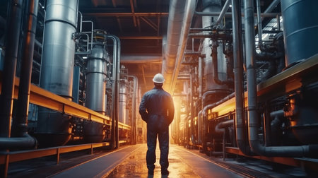 Industrial worker standing in front of steel pipes in a factory.の素材