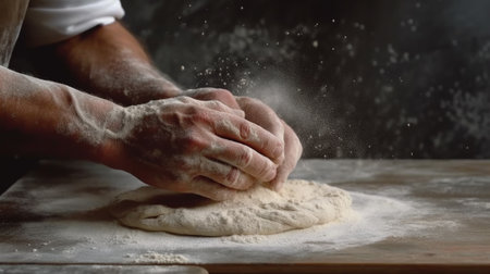 Male hands kneading dough on wooden table in kitchen, closeupの素材