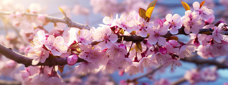 Beautiful cherry tree with pink flowers in the sky.の素材