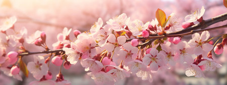 Beautiful cherry tree with pink flowers in the sky.の素材