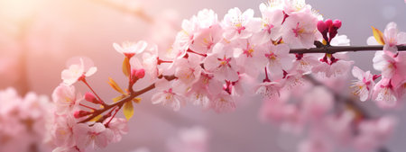 Beautiful cherry tree with pink flowers in the sky.の素材