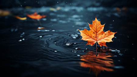 Autumn maple leaf on black stone in dark water. Nature backgroundの素材