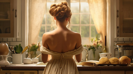 Beautiful young woman standing in the kitchen at home, back viewの素材
