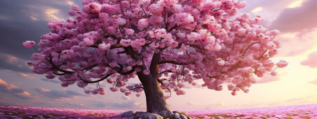 Beautiful cherry tree with pink flowers in the sky.の素材