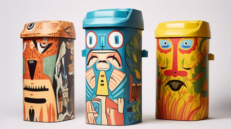 Group of colorful trash bins in a dark roomの素材