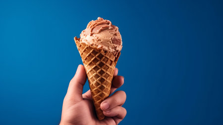 ice cream in a waffle cone in hand on a blue backgroundの素材
