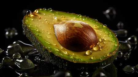 Avocado with leaves on a black background. Selective focus.の素材