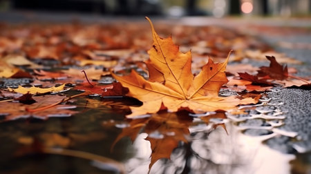 Autumn maple leaves in the rain. Selective focus, shallow depth of field.の素材