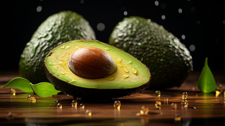 Avocado with leaves on a black background. Selective focus.の素材