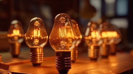 Old incandescent Edison light bulbs on a wooden table. Selective focus.の素材