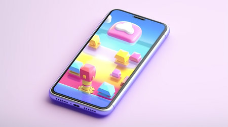 Mobile phone with colorful cubes on white backgroundの素材