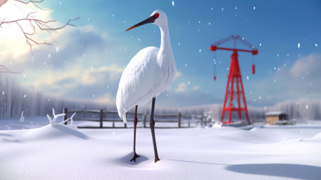 a crane walking in the snow with a crane in the backgroundの素材