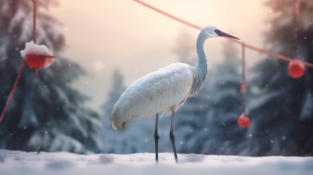 a crane walking in the snow with a crane in the backgroundの素材