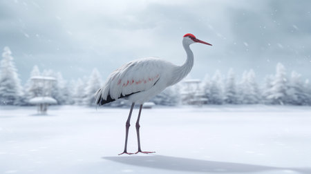 a crane walking in the snow with a crane in the backgroundの素材