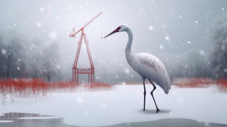 a crane walking in the snow with a crane in the backgroundの素材