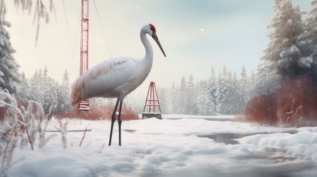 a crane walking in the snow with a crane in the backgroundの素材