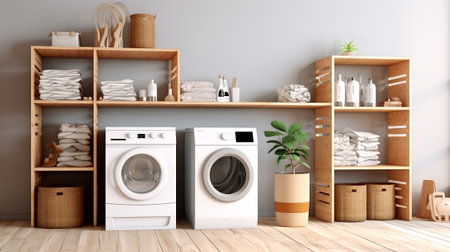 Laundry room with washing machine and basket of towelsの素材