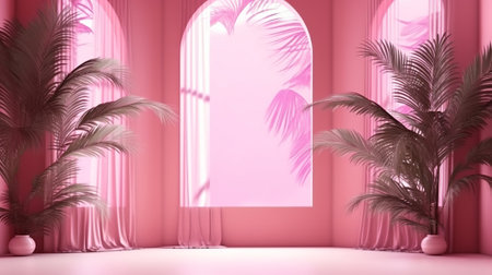 Abstract minimal scene with white podium and pink curtains.の素材