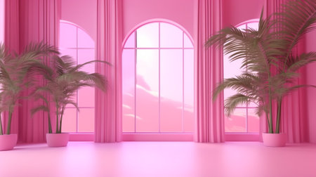 Abstract minimal scene with white podium and pink curtains.の素材