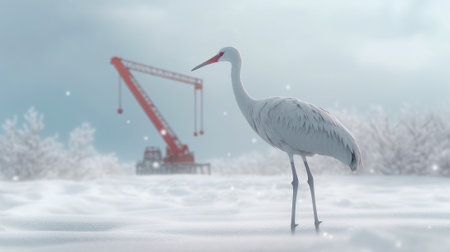 a crane walking in the snow with a crane in the backgroundの素材