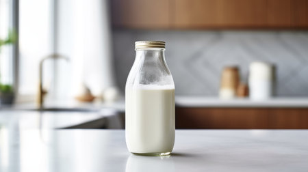 Bottle of tasty almond milk on table, closeup. Space for textの素材