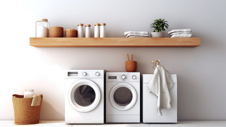 Laundry room with washing machine and basket of towelsの素材