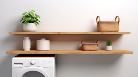 Laundry room with washing machine and basket of towelsの素材