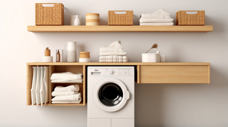Laundry room with washing machine and basket of towelsの素材
