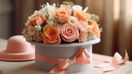 Beautiful bouquet of pink roses in a gift box on the tableの素材