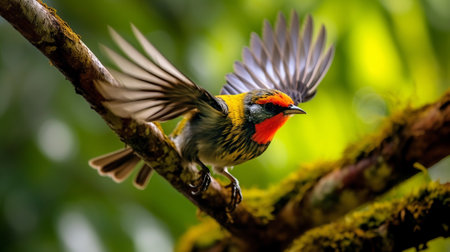 beautiful red bird on the branch in the rainforest of thailandの素材