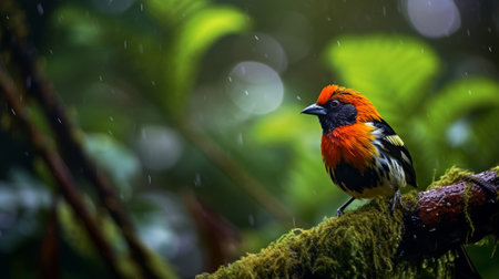 beautiful red bird on the branch in the rainforest of thailandの素材