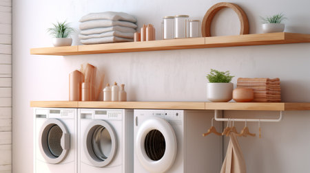 Laundry room with washing machine and basket of towelsの素材