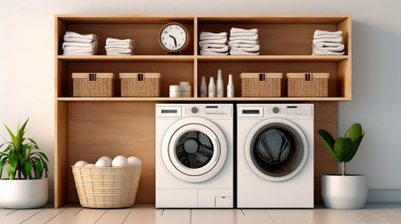 Laundry room with washing machine and basket of towelsの素材
