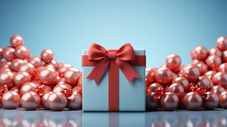 Gift box with red bow on a dark background.の素材