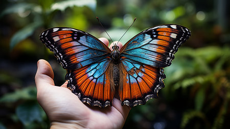 butterfly in the hands of a woman on a sunny dayの素材
