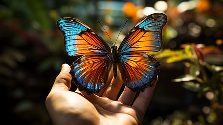 butterfly in the hands of a woman on a sunny dayの素材