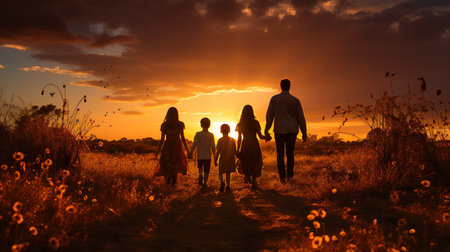 Silhouette of happy family with kids walking in field at sunsetの素材