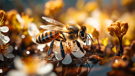 Drop of bee honey drip from hexagonal honeycombs filled with golden nectar, honeycombs summer composition consisting of drop natural honey, drip on wax frame bee, drop of bee honey drip in honeycombsの素材