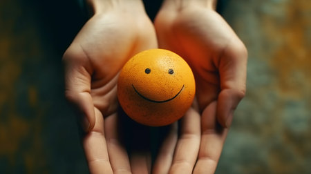 Woman's hands holding a small orange ball with a smiley faceの素材