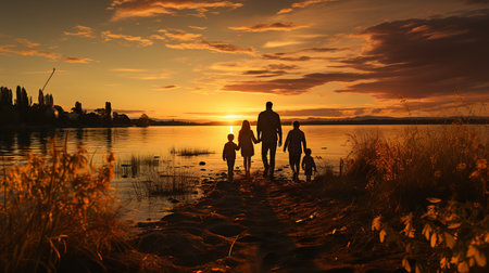 Silhouette of happy family with kids walking in field at sunsetの素材
