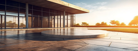 modern office building exterior with sun flare and shadow on the concrete floorの素材