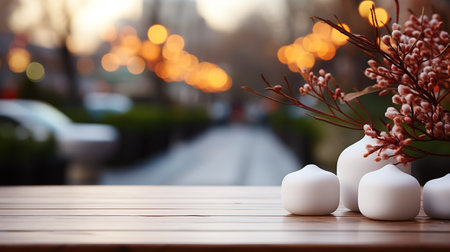 Festive decoration on white marble table with bokeh background.の素材