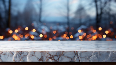 Festive decoration on white marble table with bokeh background.の素材