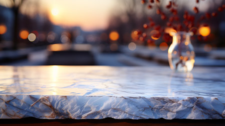 Festive decoration on white marble table with bokeh background.の素材